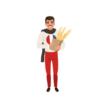 Smiling French man character dressed in traditional Parisian style holding paper bag of baguettes vector Illustration on a white background