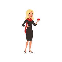 Beautiful woman character in black dress holding glass of wine, girl dressed in Parisian style vector Illustration on a white background