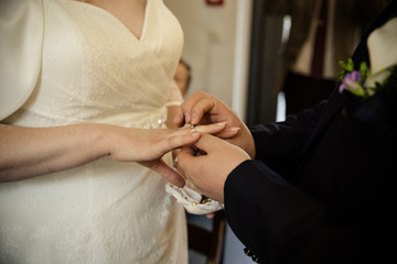 Ringtausch Bräutigam steckt Braut den Ring an