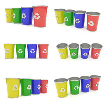 3D realistic render of colorful recycle bins on white background. Different views.
