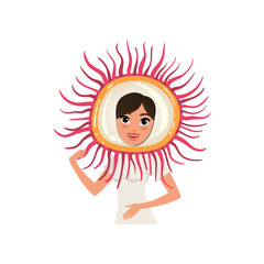 Smiling woman character in rambutan fruit headwear vector Illustration on a white background
