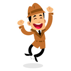 Vector drawing of a detective, he is jumping, happy