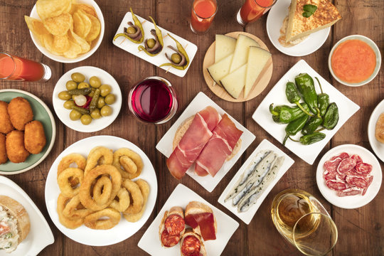 The food of Spain. Overhead photo of many different Spanish tapas