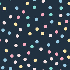 Colorful polka dots seamless pattern on black 9 background. Ideal classic colorful polka dots textile pattern. Seamless scattered confetti fall chaotic decor. Abstract vector illustration.