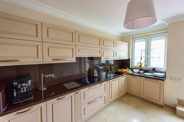 Modern kitchen interior. Appartement design Wide angle photo