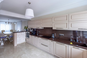 Modern kitchen interior. Appartement design Wide angle photo