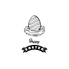 Happy Easter card. Spring nest with bird eggs with ribbon. Vector illustration.