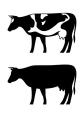 Cow vector silhouette set isolated on white background. Cow icon or logo for farm store or market. Milk, dairy, farm product design element.