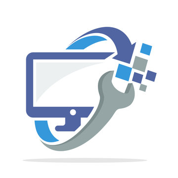 icon logo with the concept of computer repair and repair of television monitor