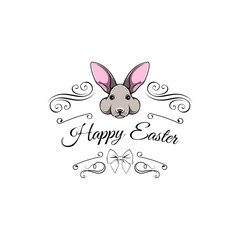 Greeting card with with Easter rabbit, Easter Bunny. Swirls, filigree and flourish elements. Vector.