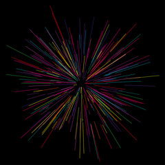 Colorful fireworks Radiating from the center of thin beams, lines. Vector illustration. Dynamic style.