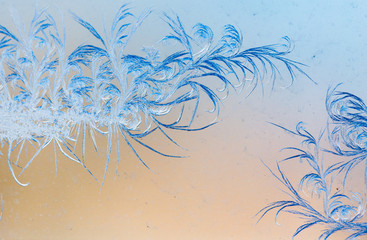 Fototapeta na wymiar Blue drawings on the glass in the frost