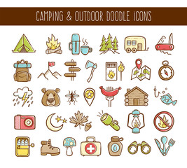 Camping and outdoor activities doodle icons. Cute hand drawn elements. Isolated icons on white background. Vector illustration.