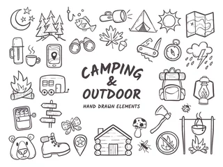 Foto op Plexiglas Hand drawn camping and hiking elements, isolated on white background. Cute background full of icons perfect for summer camp flyers and posters. Outlined vector illustration. © insemar