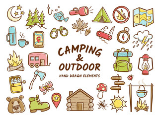 Hand drawn camping and outdoor recreation elements, isolated on white background. Cute background full of icons perfect for summer camp flyers and posters. Vector illustration. - obrazy, fototapety, plakaty