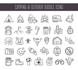 Camping and outdoor recreation doodle icons set. Cute hand drawn elements. Outlined icons isolated on white background. Vector illustration.