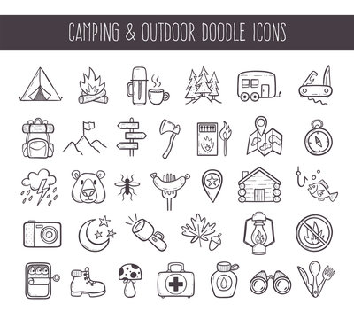 Camping and outdoor recreation doodle icons set. Cute hand drawn elements. Outlined icons isolated on white background. Vector illustration.