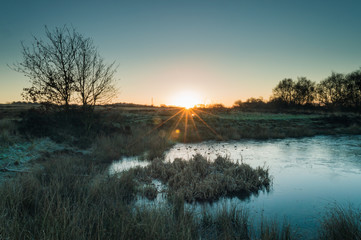 A starburst of dawn light breaking on a frozen pond on Wetley Moor Staffordshire.