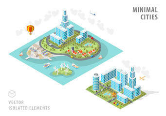 Set of Isolated Isometric Minimal City Maps . Elements with Shadows on White Background