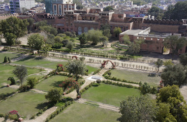 North India, part of the Junagarh Fort in Bikaner, the Lalgarh Palace, view from the castle to the garden and the caravansary