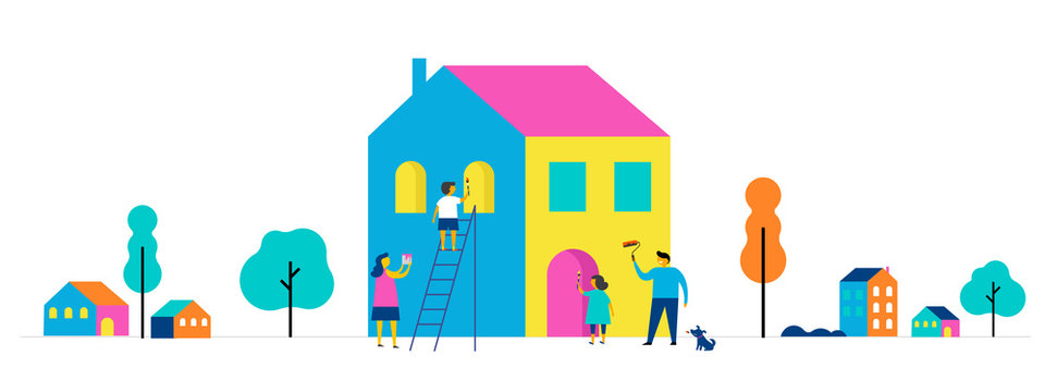 Family is painting home, concept design. Summer outdoor scene with colorful minimalistic flat vector illustration