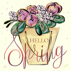 Hello spring banner with beautiful flower bouquet, luxury hand drawn vector illustration clipart