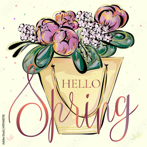 Hello Spring Banner With Beautiful Flower Bouquet Luxury Hand