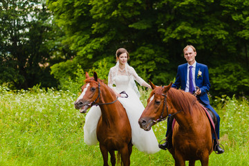 Beautiful newlyweds riding two horses