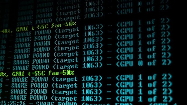 Mining Cryptocurrency process program on display PC. Using Software. Share Found.