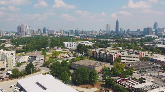Atlanta Aerial v331 Flying low around Westside Provisions District sunny cityscape 11/17
