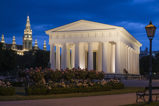 Volksgarten (Peoples Garden), Theseus Temple with Town Hall in the background, Vienna, Austria