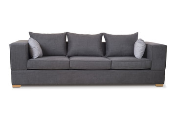 Three seats cozy modern designed sofa  with brown-gray color fabric and pillows isolated on white background