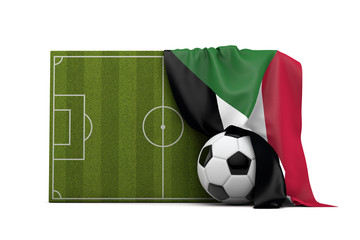 Sudan country flag draped over a football soccer pitch and ball. 3D Rendering
