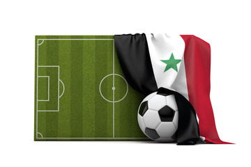 Syria country flag draped over a football soccer pitch and ball. 3D Rendering