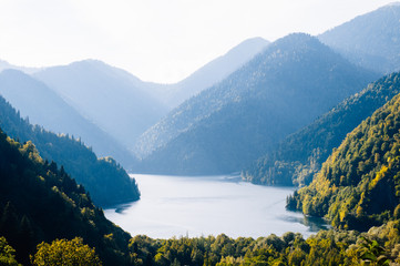 Great view of the popular tourist attraction. Location place lake Rizza in Northern Caucasia, Europe. Beauty world