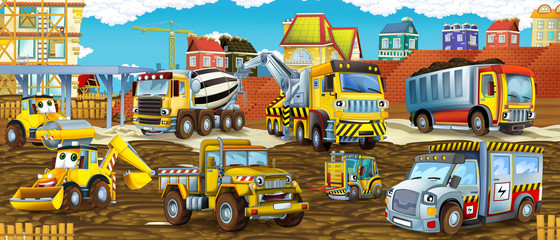 Fototapeta na wymiar cartoon scene with different costruction site vehicles looking and smiling - illustration for children
