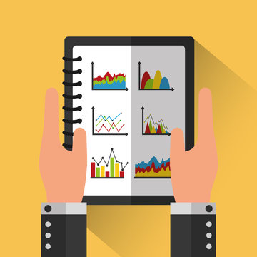 hands holds notebook with information charts statistics data vector illustration