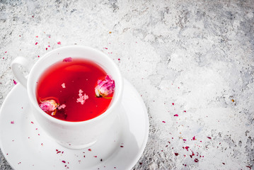 Arab, middle eastern food. Herbal tea with rose buds, copy space
