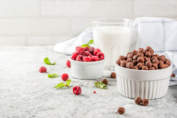 Healthy breakfast ingredients. Breakfast cereal, milk or yogurt glass, raspberries and mint on grey stone background, copy space