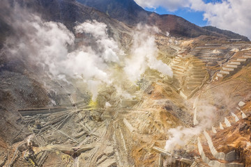 Steam at mountain. Mine at Hakone, Japan.