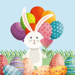 cute rabbit happy easter card vector illustration design