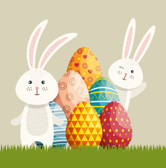 cute rabbit happy easter card vector illustration design