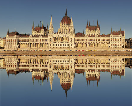Parliament Building at sunset, Danube River, Budapest, Hungary