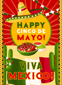 Cinco de Mayo card with mexican flag, fiesta food
