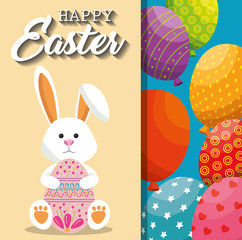 cute rabbit happy easter card vector illustration design