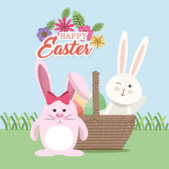 cute rabbit happy easter card vector illustration design