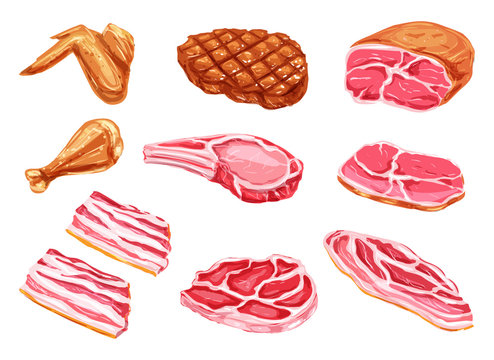 Vector meat products watercolor paint icons