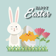 little chick and rabbit easter card vector illustration design