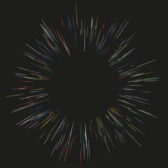 Colorful fireworks Radiating from the center of thin beams, lines. Vector illustration. Dynamic style.