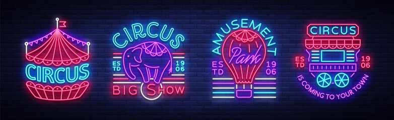 Circus collection of neon signs. Set of logos for circus in neon style, circus symbol, neon banner, bright nightly advertisement of circus show, magic show. Design template. Vector illustration © Ivan